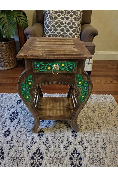 DNC Art&Deco Boncuk İşli El Oyması Ahşap Komidin Yan Sehpa - 1 Çekmeceli ve R...