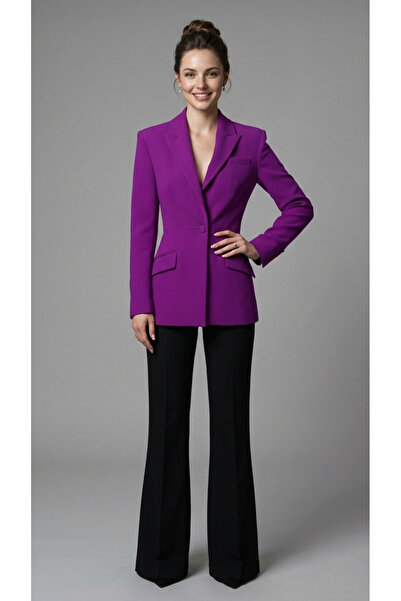 PEARL Bele Oturan Mor Blazer Ceket ve Siyah Yüksek Bel İspanyol Paça Pantolon...