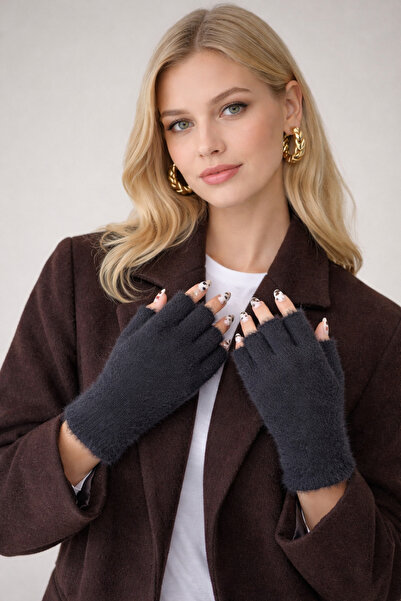 Şirin Giyim Aksesuar Peluş Siyah Soft Kadın Eldiven - Kesik Yarım Parmak