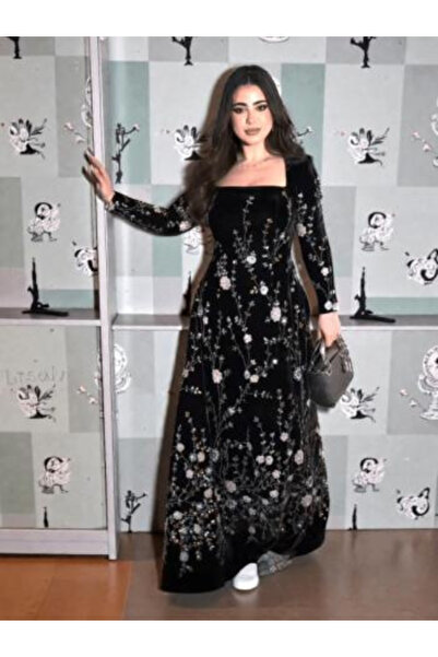 TREN Black Velvet Maxi Dress Off Shoulder Long Sleeve Embroidered Floral Even...