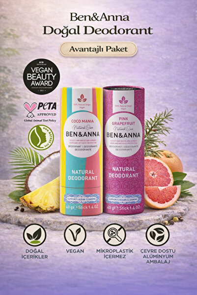 BEN ANNA Ben&Anna Doğal Deodorant 2’li Avantajlı Paket – Coco Mania & Pink Gr...