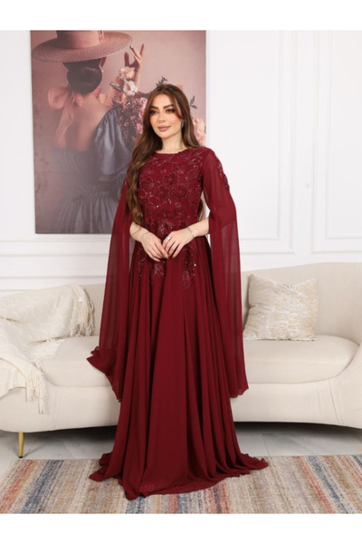 TREN Burgundy Embroidered Chiffon Evening Gown with Cape Sleeves for Weddings...