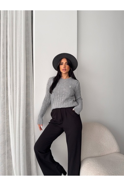 erki triko Crew Neck Embroidery Detailed Hair Knit Sweater