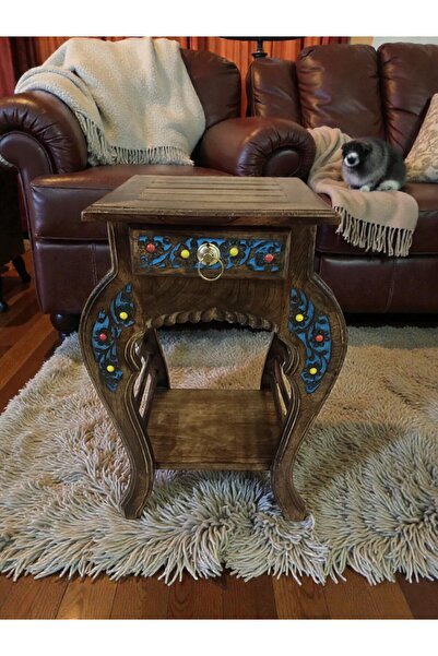 DNC Art&Deco Boncuk İşli El Oyması Ahşap Komidin Yan Sehpa - 1 Çekmeceli ve R...