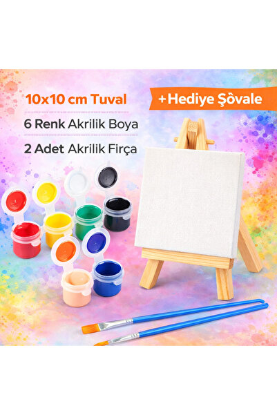 AnKırtasiye Mini 10x10 Tuval Boyama Seti 2’li fırça + 6 renk mini akrilik boya