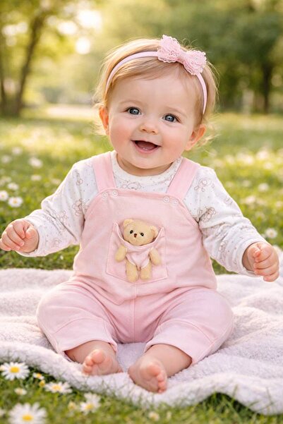 Babies Kız Bebek Salopet Takımı Ayıcıklı %100 Pamuk – Uzun Kollu Bodyli Şık v...