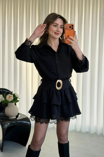 MOZENA Dantel Biyeli Katlı Kemerli Mini Gömlek Elbise