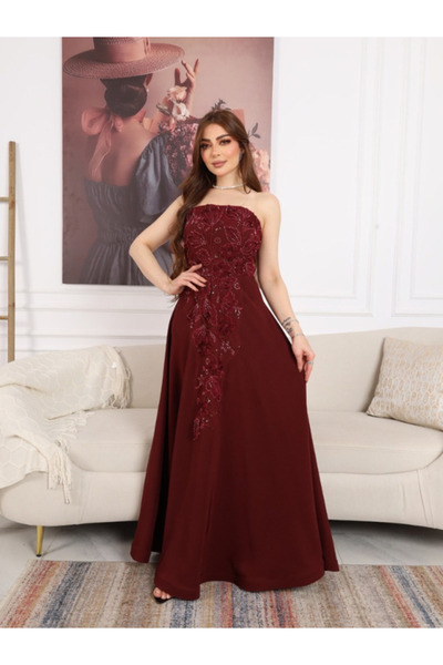 TREN Burgundy Strapless Evening Gown with Floral Embroidery | Elegant A-Line ...