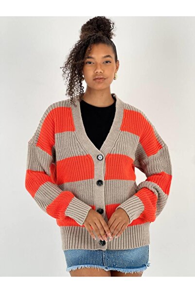 Miss Poem Striped Button Detailed Stone Basic Women's Cardigan