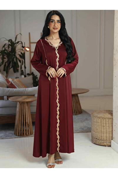 Nice Model عباية عنابية اللون مزينة بتفاصيل ذهبية، فستان ماكسي أنيق محتشم، رد...