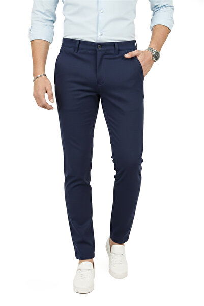 DeepSEA Men's Navy Blue Modern Fit Stretch Fabric Fabric Trousers Casual & Of...