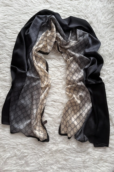 PİRAMİT Vual Silk Shawl Logo Pattern Black Cream Gray