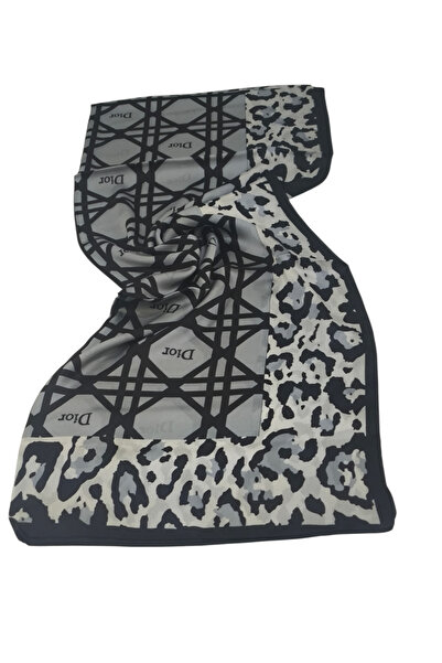 PİRAMİT Vual Silk Shawl Leopard Geometric Pattern Gray Black