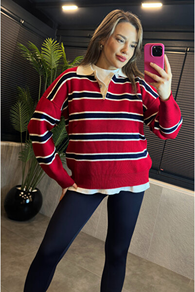 MİR STORE Red-Navy Blue Striped Polo Neck Sweater