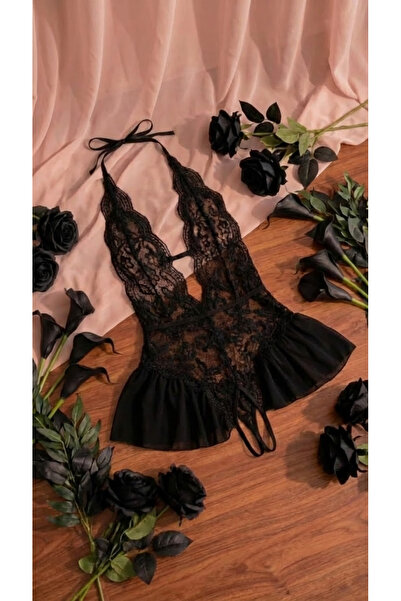 AZZERİ Siyah, Tüllü, Dantelli, Çiçek Desenli Şık Kadın Gecelik