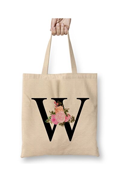 Toyaso Letter W White Cloth Bag Long Handle Shopping Bag Beach Bag