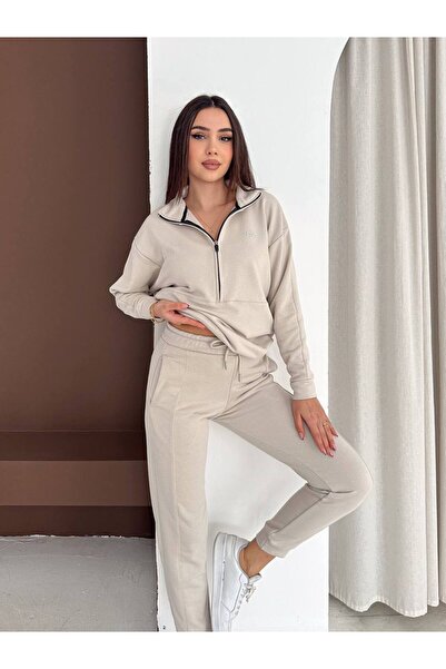 strivex Three-Piece Half-Zip Sweatshirt, piped Pocket Jogger Beige Tracksuit ...