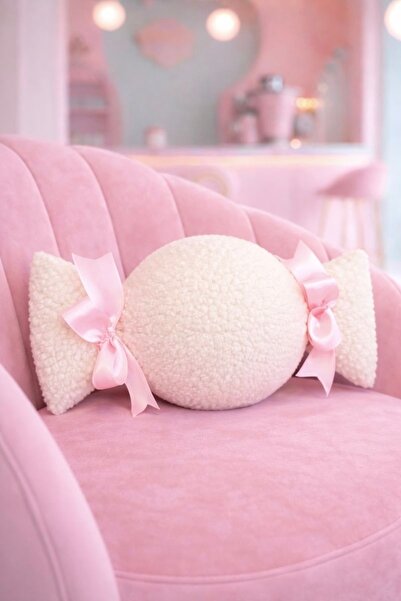 Cherry Bloom Cotton Yuvarlak Şeker Yastık Pembe Kurdeleli Cafe İş Yeri Yastık