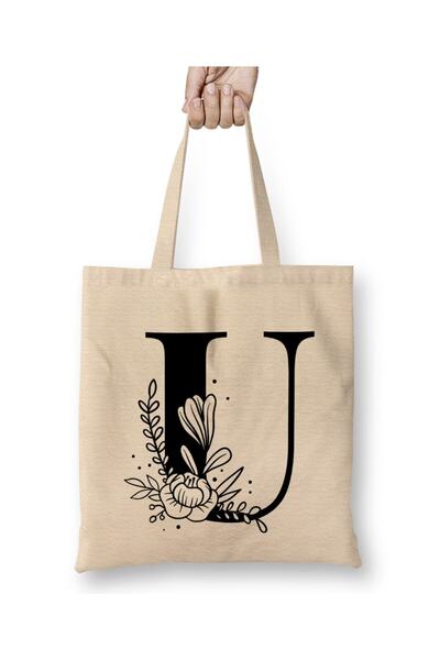 Toyaso Letter U White Cloth Bag Long Handle Shopping Bag Beach Bag