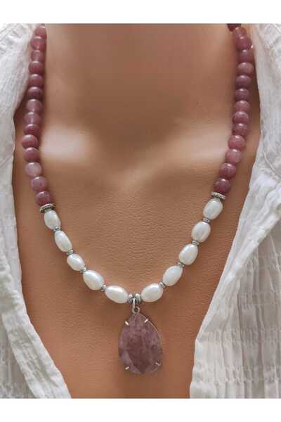 elinasaccessories El Yapımı Kadın Kolye İnci Akik Kuvars Doğal Taş Damla Uçlu...