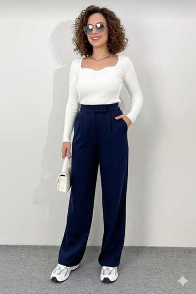 AL&SA GİYİM Kadın Likralı Cırt Kapama Siyah Palazzo Pantolon