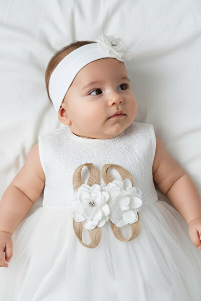 Rocha Baby Rocha Baby Girl White Long Sleeve Floral Mevlüt Dress - 4-Piece Co...