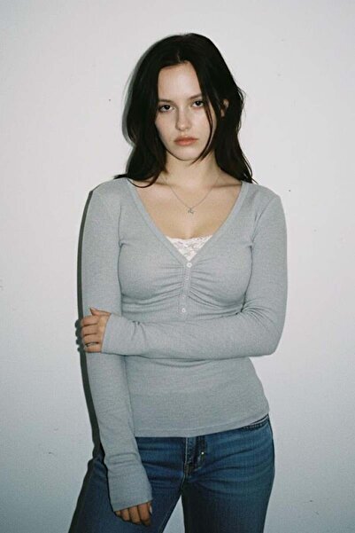 Karakedi Gray Lace Buttoned Y2K Long Sleeve Crop