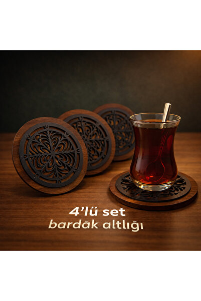 4'lü Modern Şık Motifli Ahşap Bardak Altlığı