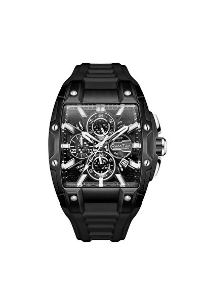 Quantum Erkek Kol Saati 43 MM Siyah Silikon Kordon Siyah Kadran Kronograf Mek...