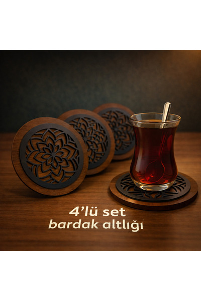 4'lü Çiçekli Modern Motifli Ahşap Bardak Altlığı