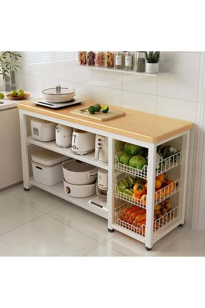 sharpdo 120cm Kitchen Island Cart with Storage Shelves & Wire Baskets – Rolli...