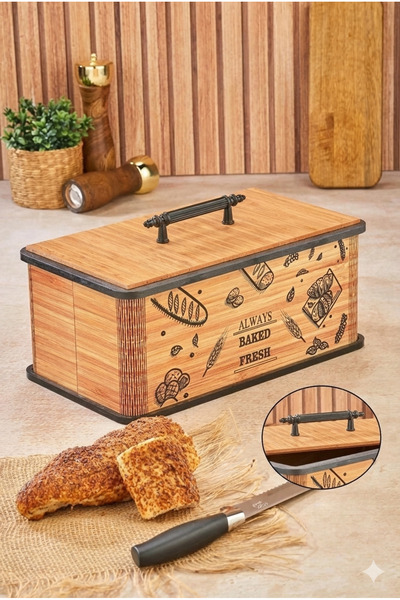 MUYA HOME Ahşap Ekmeklik-Bambu Desen Saklama Kutusu-Ekmek Dolabı-Kapaklı Ekme...