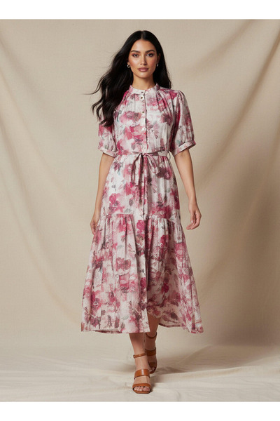 FAV Tiered Midi Viscose Belted Dress with Abstract Print