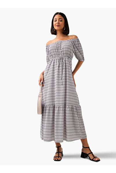 FAV Cassie Geometric Print Off Shoulder Women Dress with Tie-Ups
