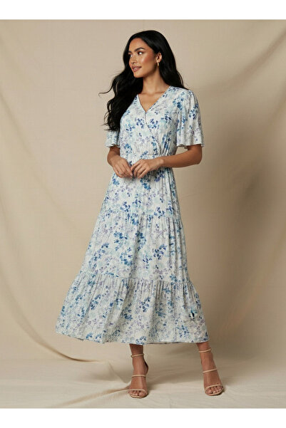 FAV Tiered Midi Viscose Wrap Dress with Floral Print