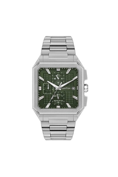 Quantum Erkek Kol Saati Kare Kasa Silver Metal Kordon Yeşil Kadran 5 ATM Pasl...