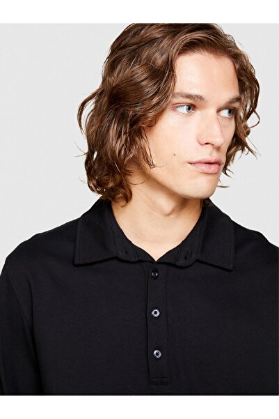 Sisley 100% Cotton Long Sleeve Polo T-Shirt Men's Black T-Shirt - 323A3Gnxs300G