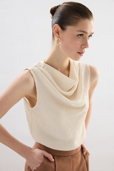 Sateen Plunging Neck Blouse - Stone