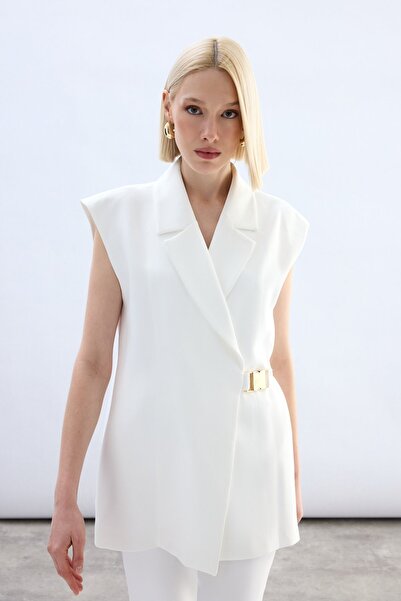 Sateen Long Vest with Side Belt - Ecru