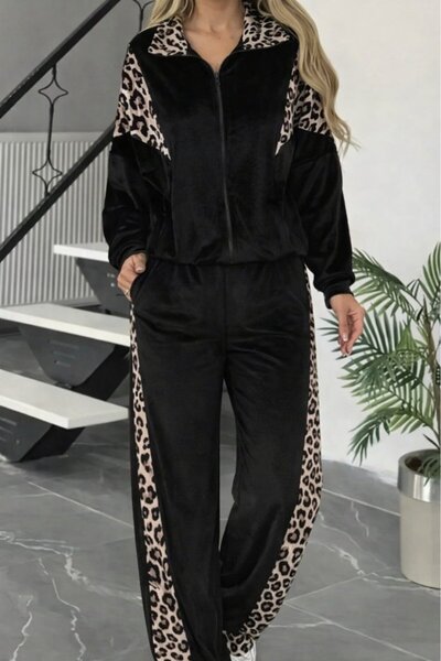 Giyimodam Women's Long Sleeve Front Zipper Leopard Detailed Velvet Blouse and...