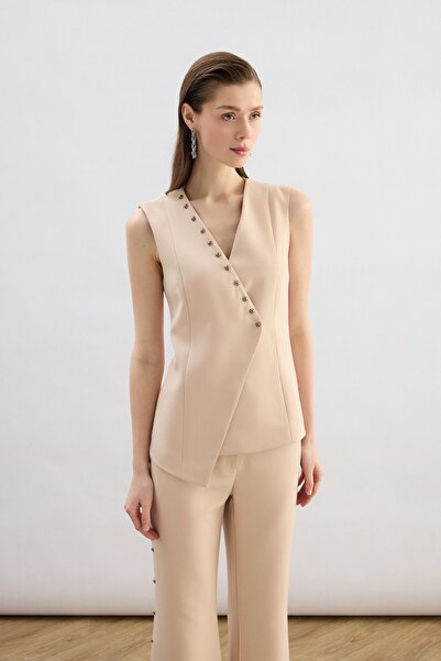 Sateen Pearl K Double-Breasted Vest - Beige