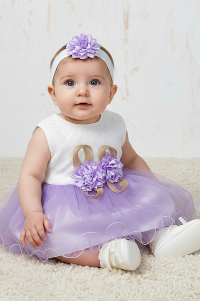 Rocha Baby Rocha Kız Bebek Lila Uzun Kollu Çiçekli Mevlüt Elbisesi - 4'lü Pam...