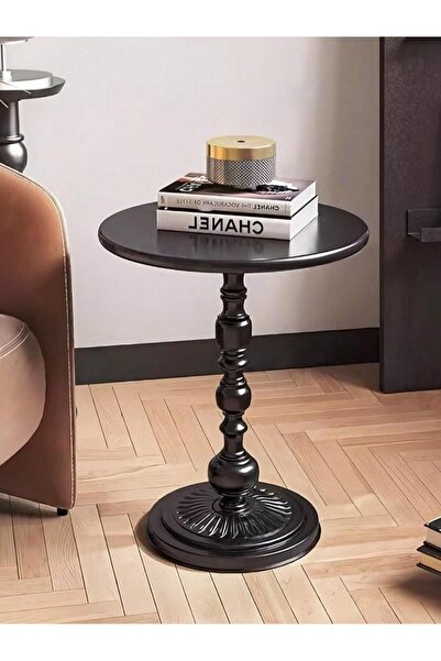 Mtanvxay طاولة جانبية دائرية عتيقة من المعدن الأسود بتصميم أعمدة رومانية، منا...