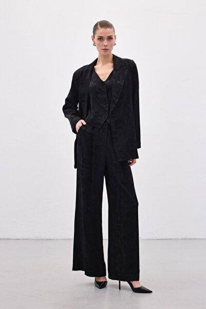 Sateen Jacquard Loose Pants - Black