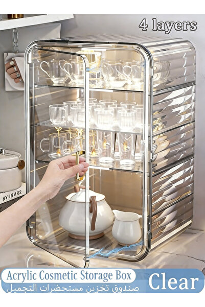 Generic Four-layer transparent coffee cup storage rack with magnetic lock, ad...