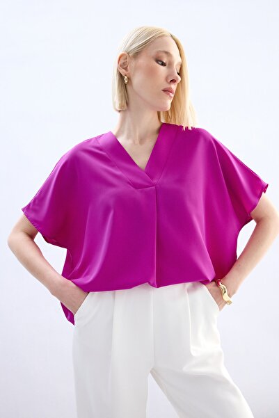 Sateen Wide Short Sleeve Blouse - Fuchsia