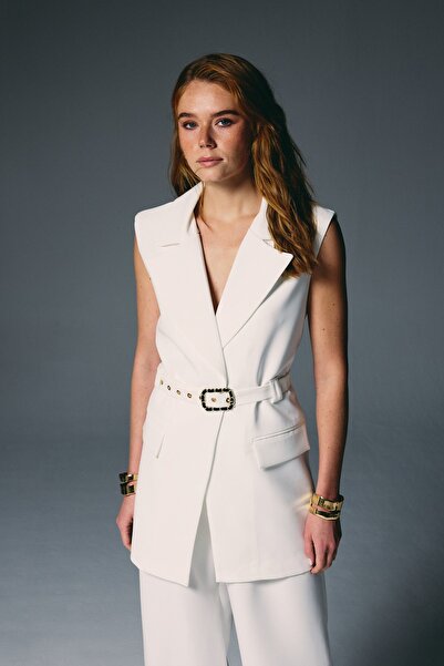 Sateen Belt Detailed Vest - Ecru