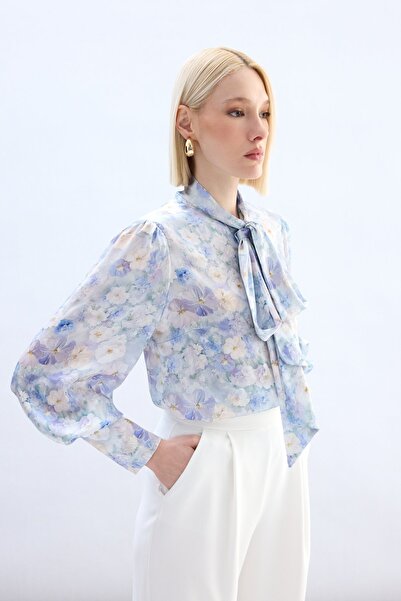 Sateen Cămașă cu eșarfă cu model floral - Liliac