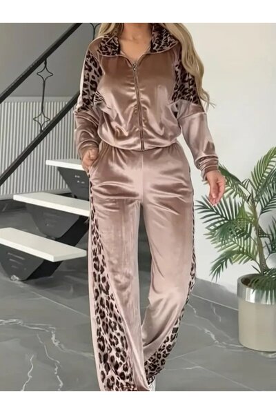 buğrahayalin Women's Long Sleeve Front Zipper Leopard Detailed Velvet Honey F...