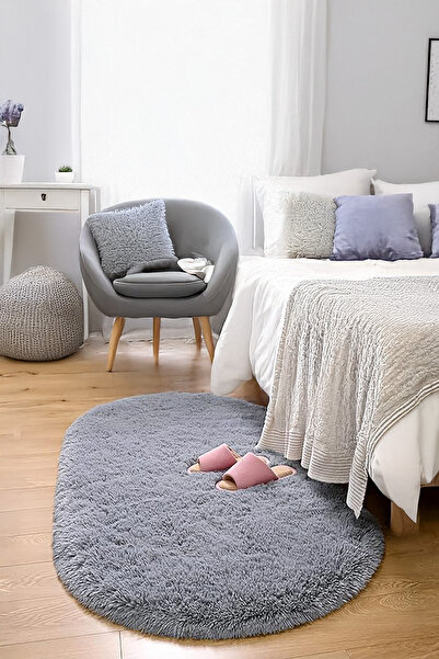 ANUTYA HOME Gri Oval Post Halı Kesme Yolluk Peluş Yumuşak Kaymaz Dot Taban